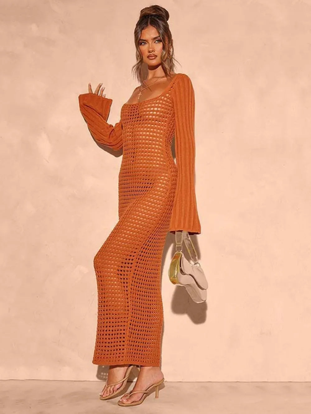 Openwork Square Neck Flare Sleeve Cover-Up Dress in a rust color showcased by a model against a neutral backdrop.
