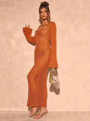 Openwork Square Neck Flare Sleeve Cover-Up Dress in a rust color showcased by a model against a neutral backdrop.
