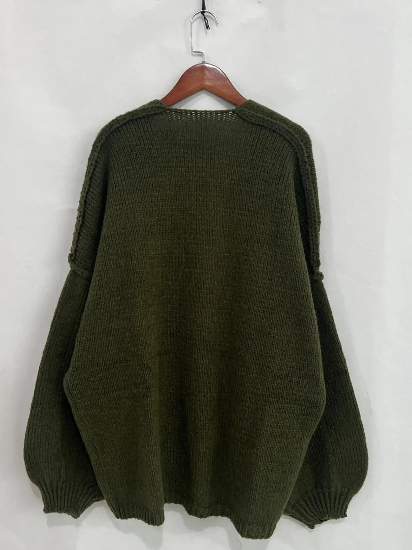 Open Front Dropped Shoulder Cardigan in olive green, showcasing oversized textured knit and voluminous sleeves for luxe comfort.