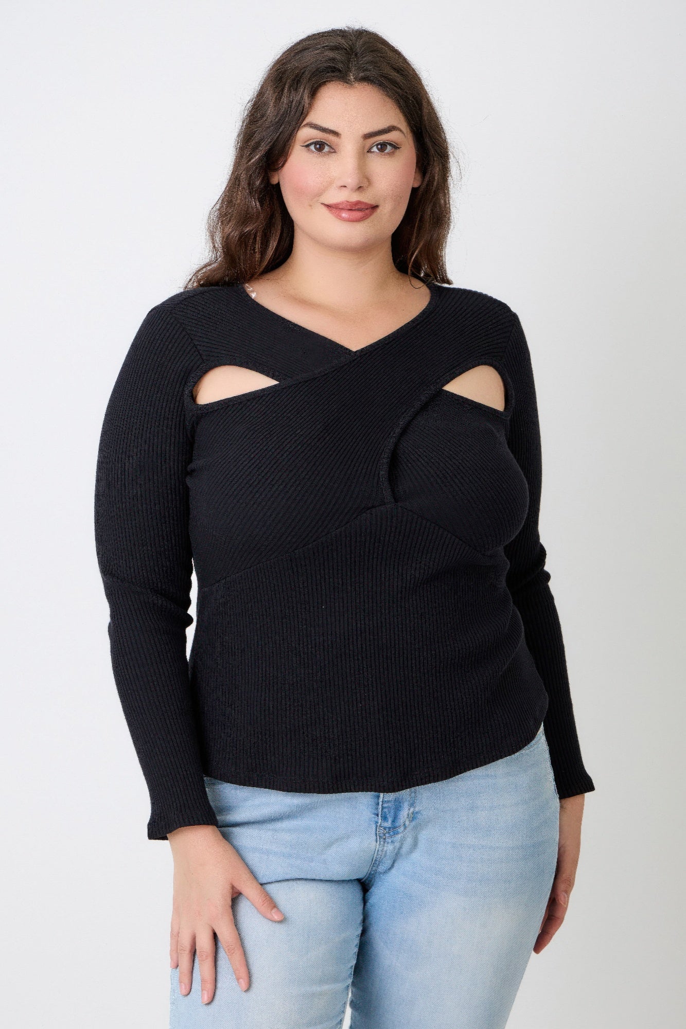 Plus Size Black Ribbed Cutout Long Sleeve Top featuring an asymmetrical neckline and cutout details.