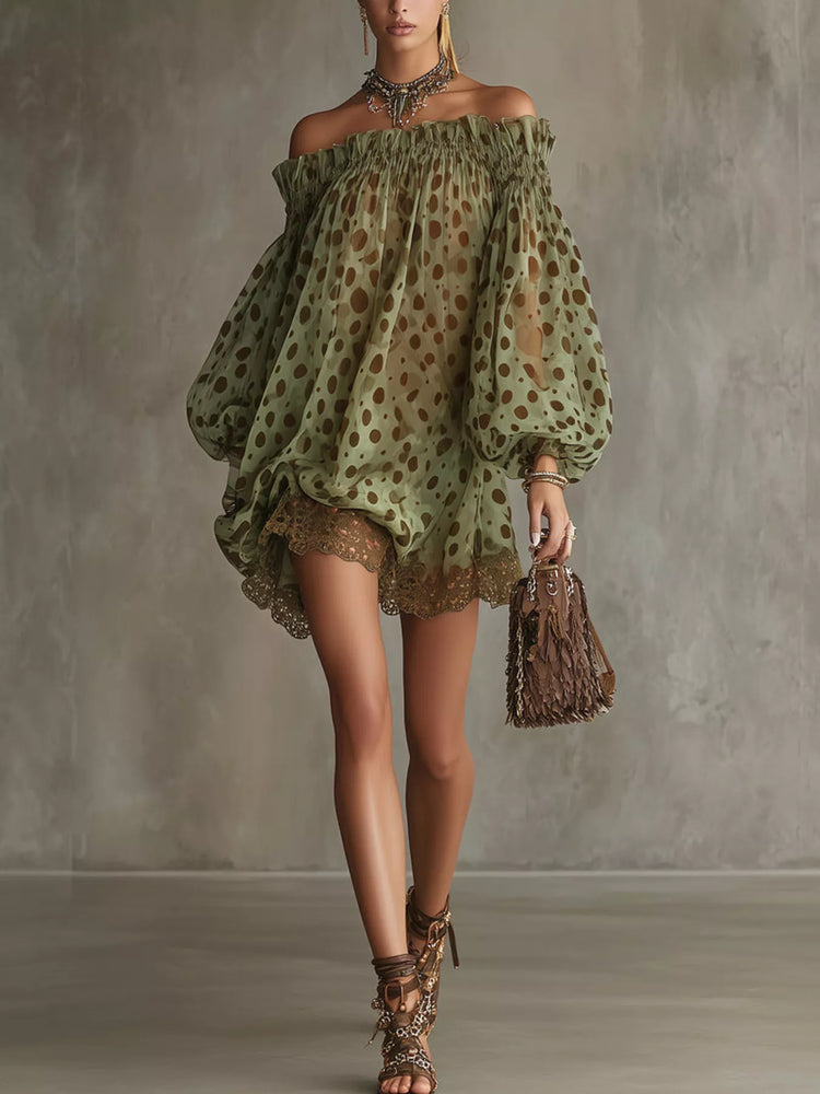 Model wearing a Polka Dot Sheer Mini Dress with puffed sleeves and lace trim, styled with a handbag and sandals.