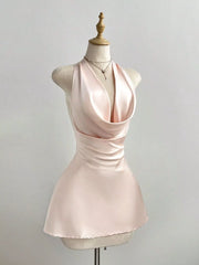 Satin Backless Halter Neck Dress in soft pink with ruched detailing, perfect for special occasions.