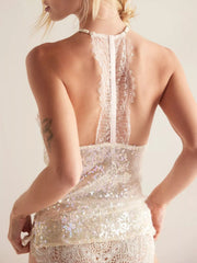 Sequin Lace Trim Halter Neck Cami showcasing a delicate lace back and sparkly sequin detailing on a feminine top.