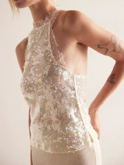 Sequin Lace Trim Halter Neck Cami featuring a sparkly design and lace trim, perfect for elegant evening looks.