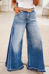 Side Seam Gathering Flare Leg Jeans featuring a high-rise waist and exaggerated flare silhouette in a light blue wash.