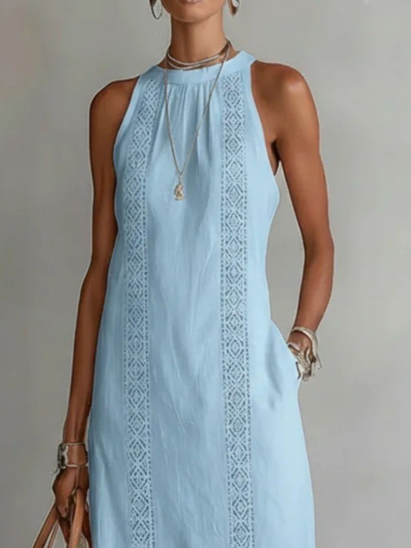 Side Slit Sleeveless Hollow-Out Trimmed Midi Dress featuring lace trim and pockets in light blue fabric.