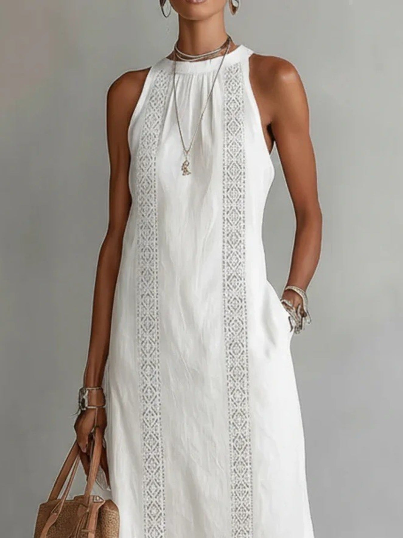 Side Slit Sleeveless Hollow-Out Trimmed Midi Dress with lace trim and pockets, ideal for warm weather occasions.