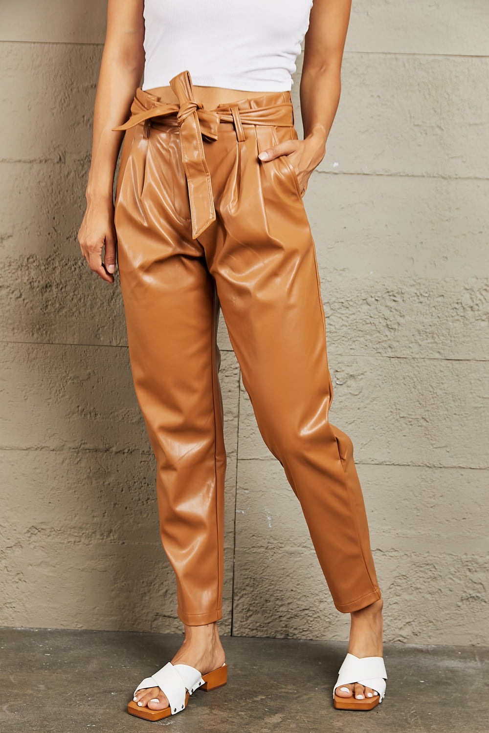 Women's Full Size Faux Leather Paperbag Waist Pants