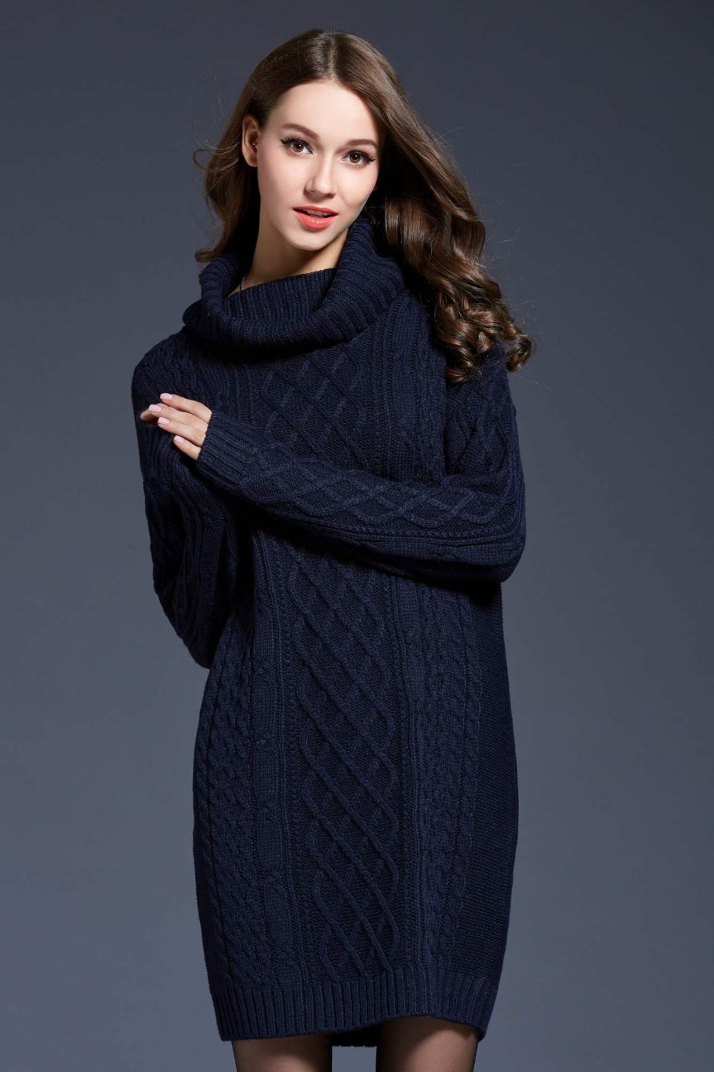 Women’s - Woven Right Full Size Mixed Knit Cowl Neck Dropped Shoulder Sweater Dress