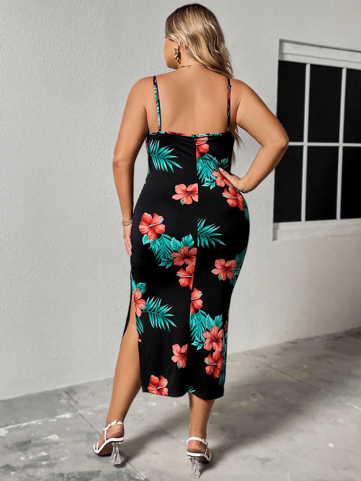 Women’s Plus Size Floral Spaghetti Strap Ruffled Slit Dress