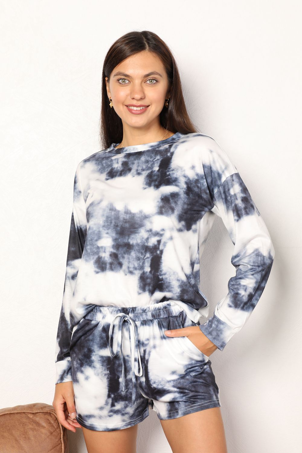 Women's - Double Take Tie-Dye Round Neck Top and Shorts Lounge Set