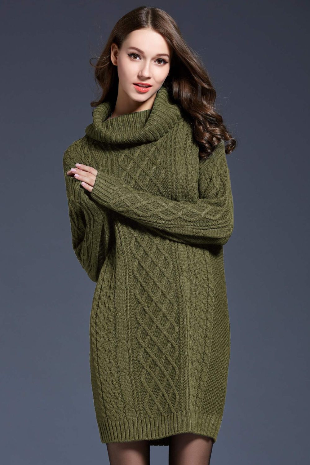 Women’s - Woven Right Full Size Mixed Knit Cowl Neck Dropped Shoulder Sweater Dress