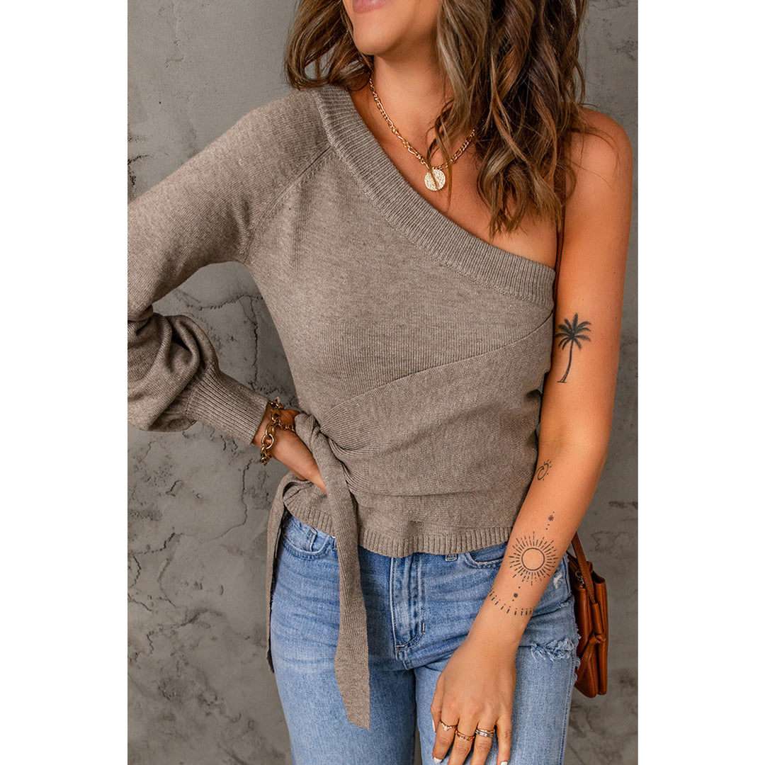 Women's Side Tie One-Shoulder Ribbed Trim Sweater