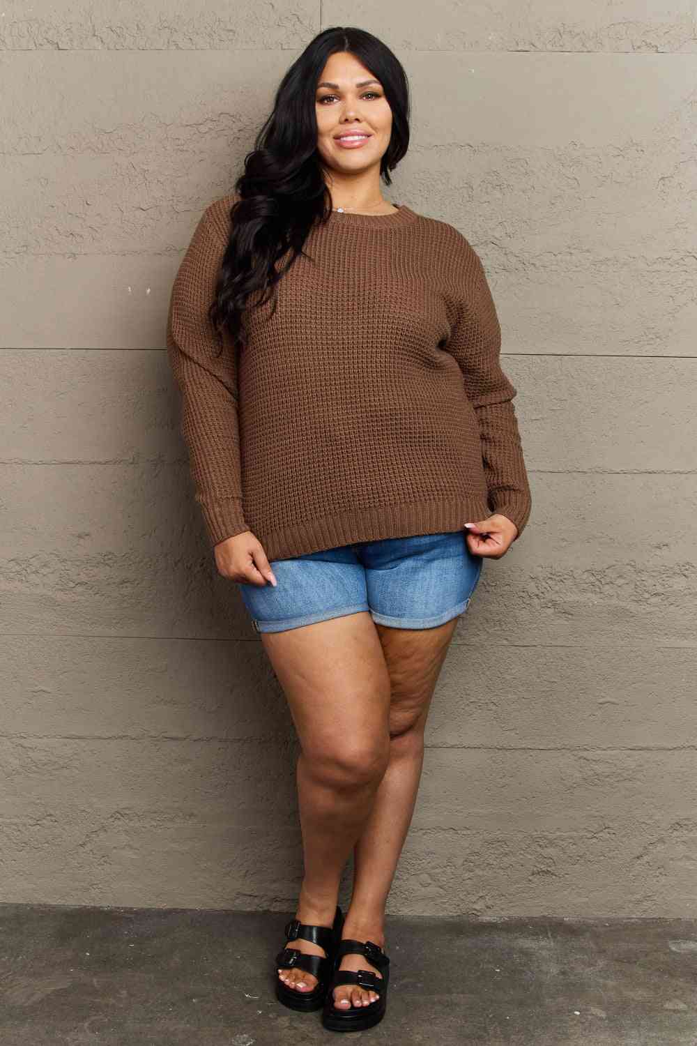 Women’s - Zenana Breezy Days Plus Size High Low Waffle Knit Sweater