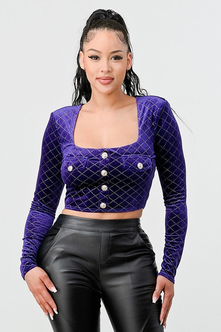 Women’s - Lux Diamon Velvet Buttons Open Back Square Neck Long Sleeves Cropped Top