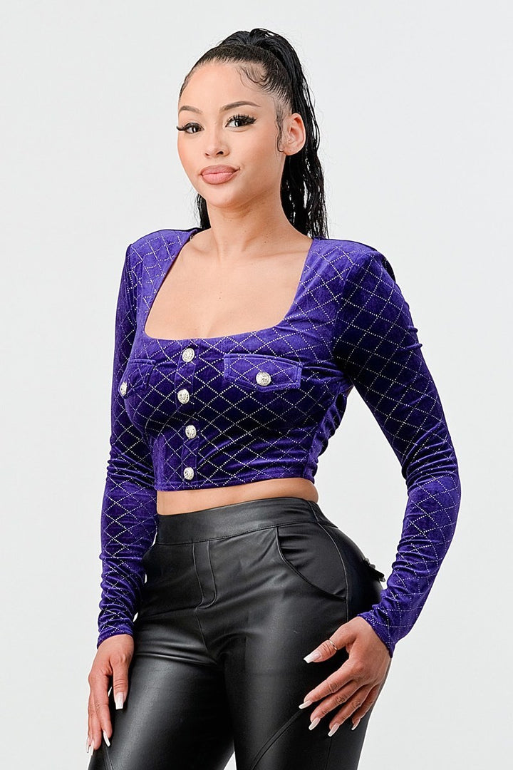 Women’s - Lux Diamon Velvet Buttons Open Back Square Neck Long Sleeves Cropped Top