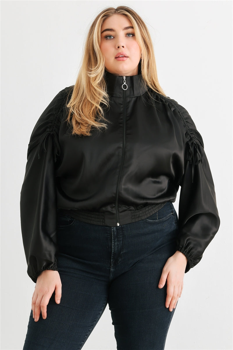 Women’s Plus Satin Zip-up Ruched Cropped Bomber Jacket