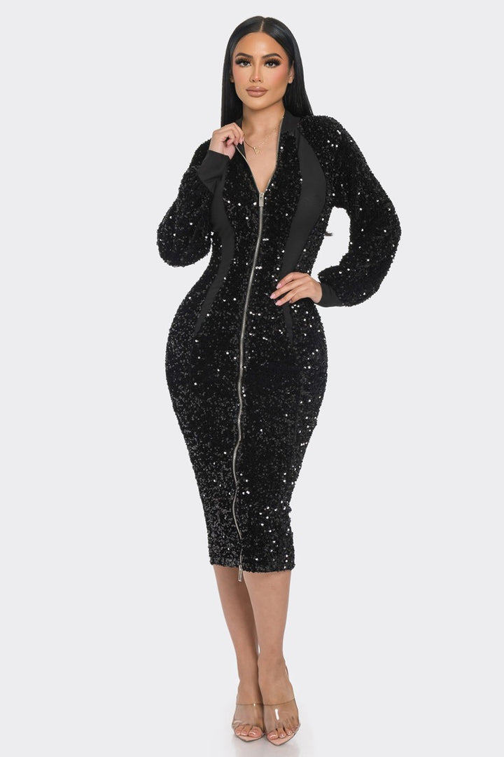 Women's - Black Midi 2 Way Zip Up Sequin Contrast Dress