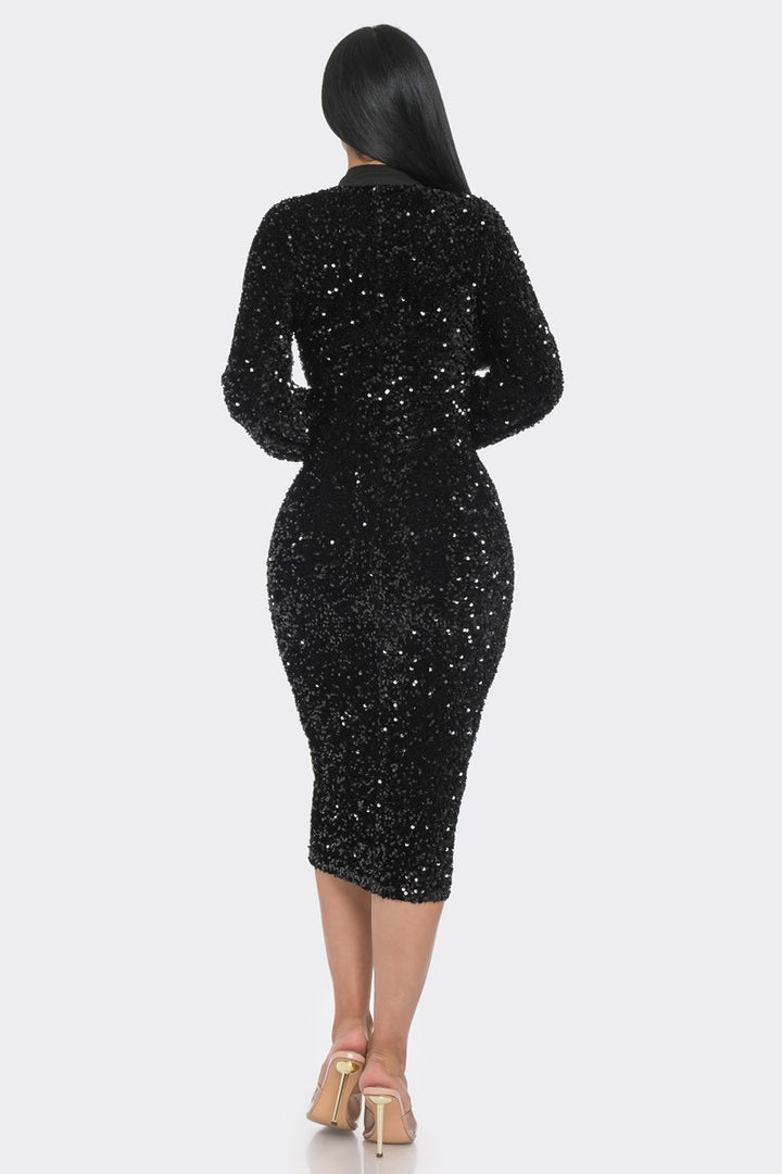 Women's - Black Midi 2 Way Zip Up Sequin Contrast Dress