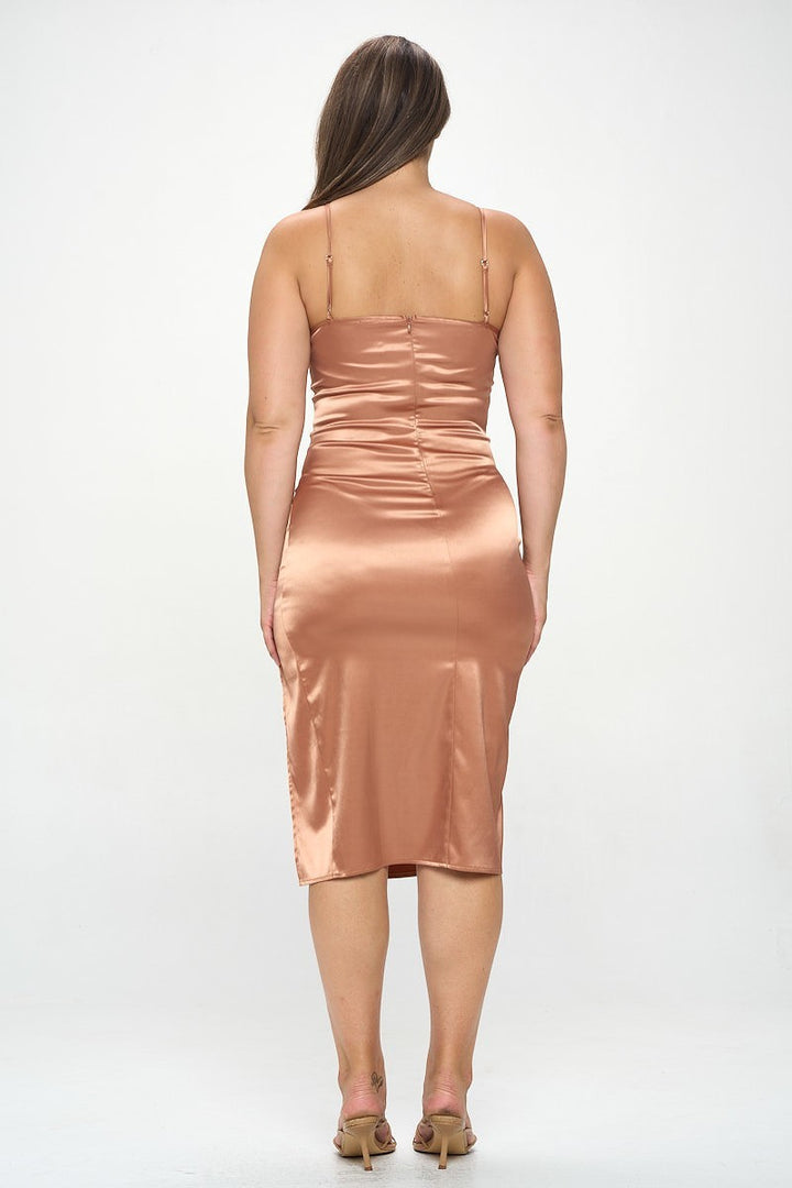 Women’s - Copper Plus Solid Satin Front Knot Bodycon Midi Dress