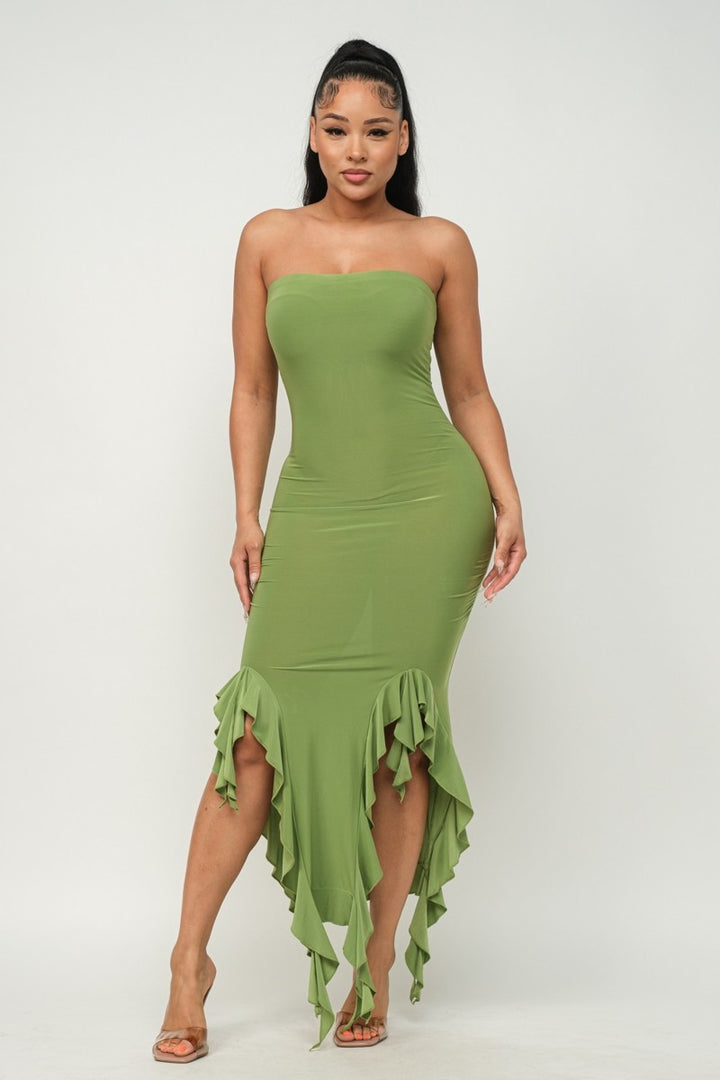 Women’s Green Solid Bottom Ruffle Trim Hem Slit Tube Maxi Dress