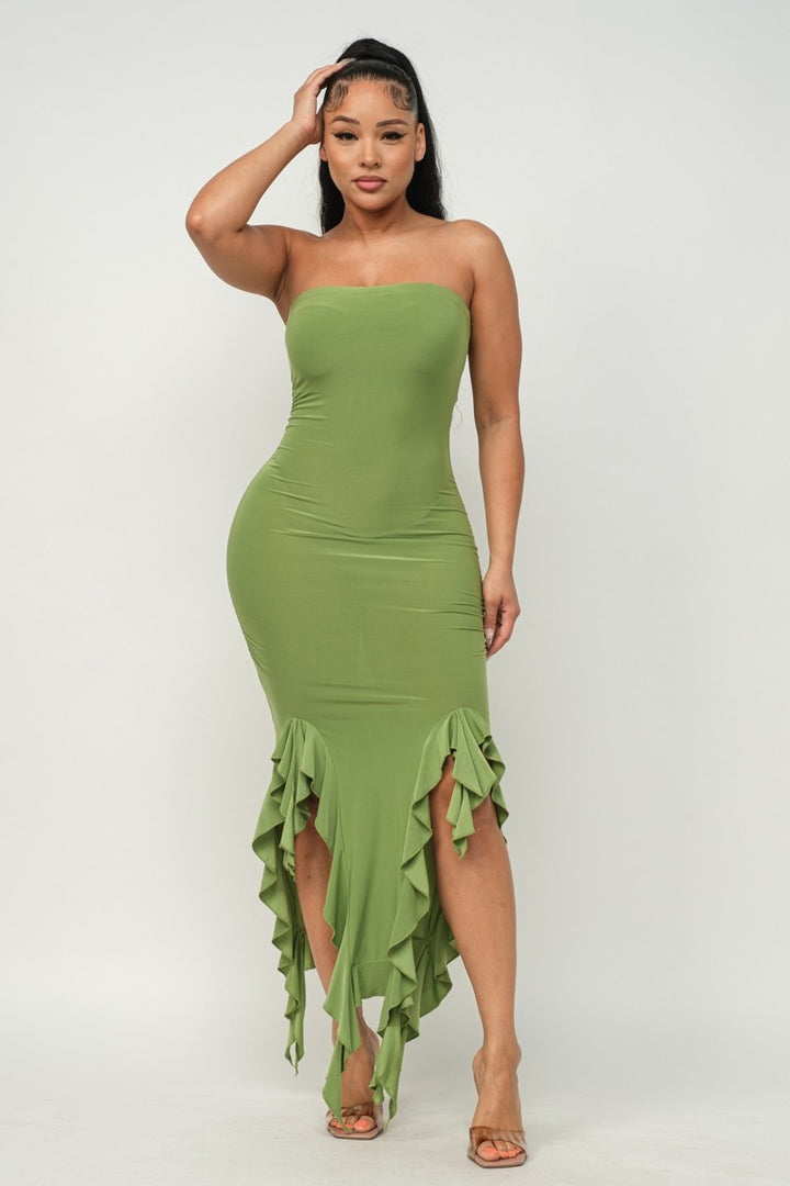 Women’s Green Solid Bottom Ruffle Trim Hem Slit Tube Maxi Dress