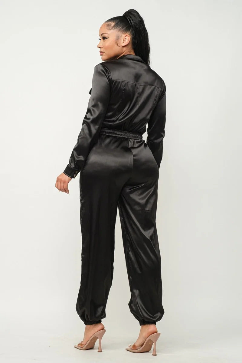 Women’s Front Zipper Pockets Top And Pants Jumpsuit
