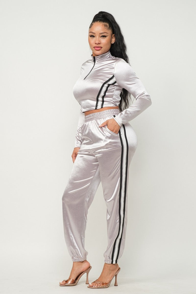 Women’s Front Zip Up Stripes Detail Jacket And Pants Set