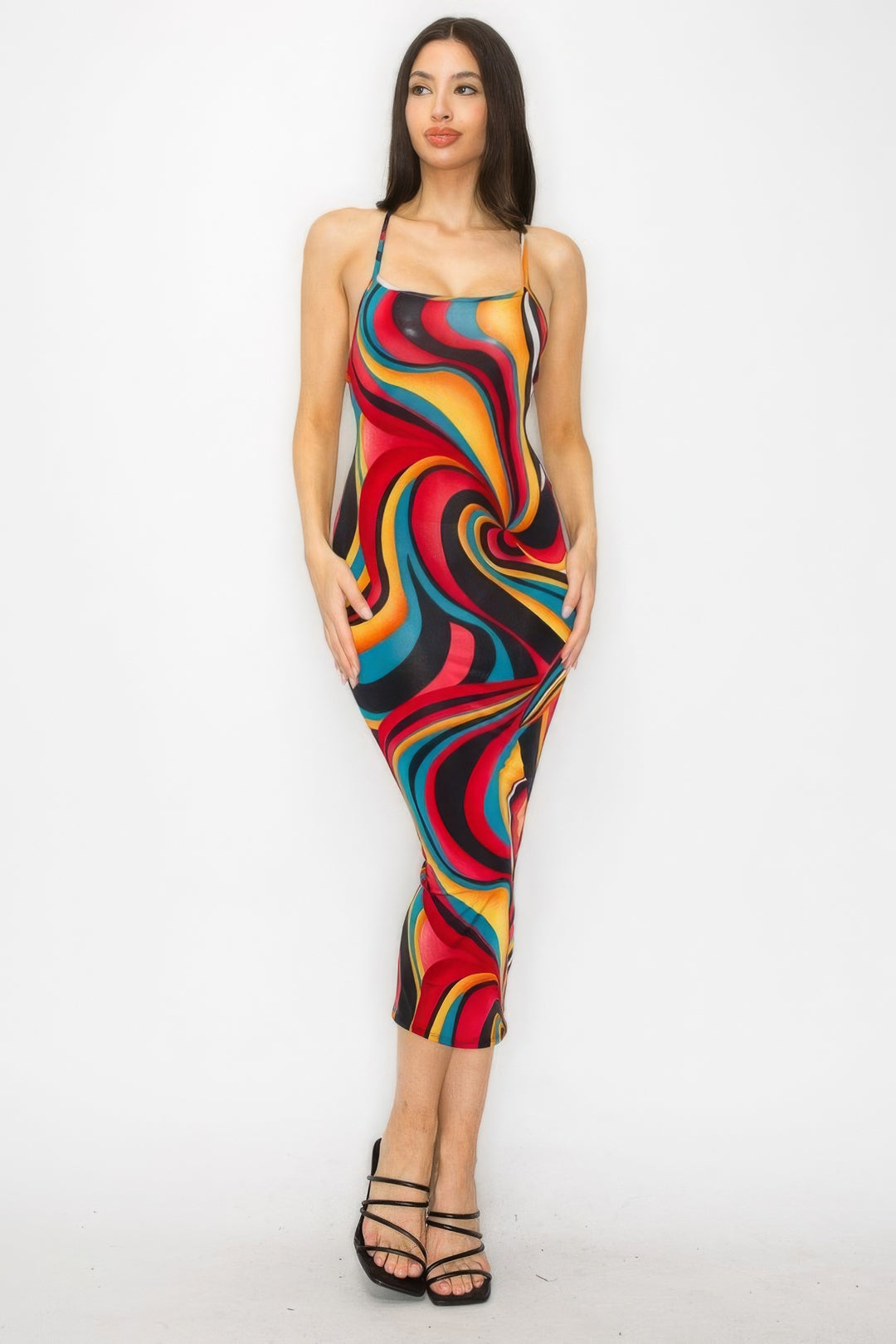 Women’s Crossed Back Marble Print Multicolor Midi Dress