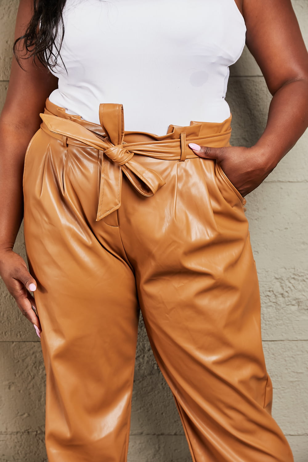 Women's Full Size Faux Leather Paperbag Waist Pants