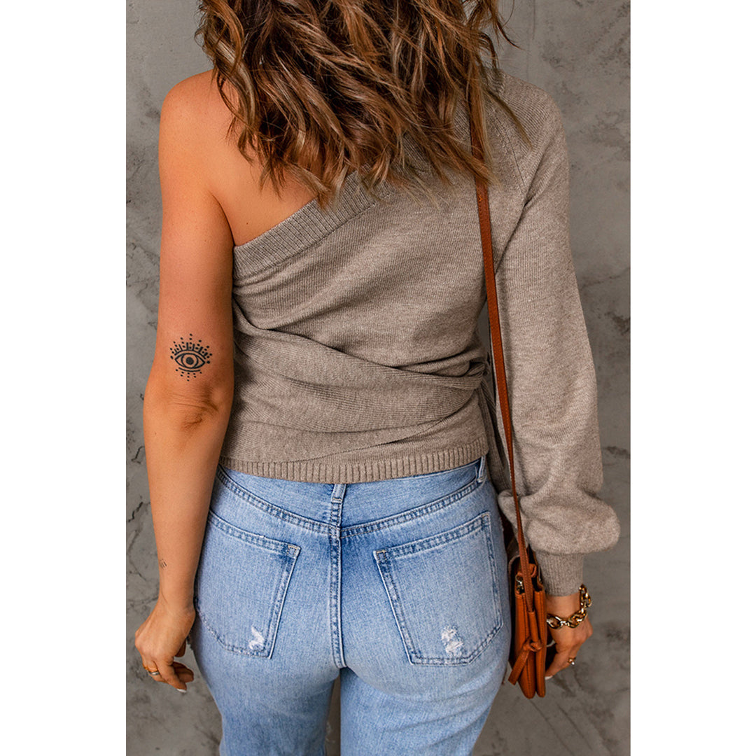Side Tie One-Shoulder Ribbed Trim Sweater