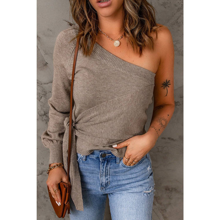 Side Tie One-Shoulder Ribbed Trim Sweater