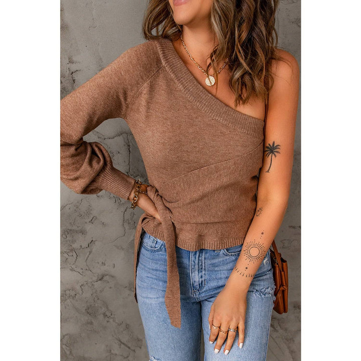 Side Tie One-Shoulder Ribbed Trim Sweater