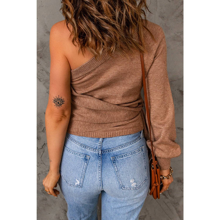 Side Tie One-Shoulder Ribbed Trim Sweater
